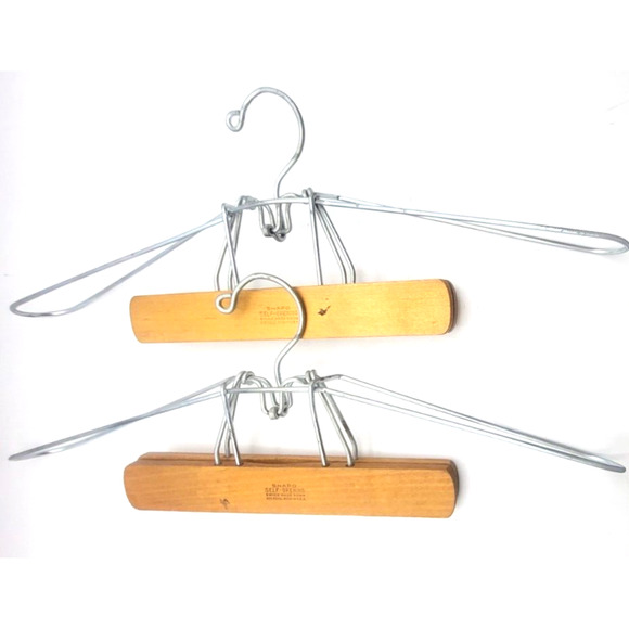 Vintage Wood Metal Suit Hanger Snapo Self Opening 19x7" Set of 2 - Picture 5 of 5